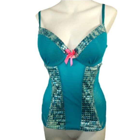 Passion Forever Other - Vintage Bustier Corset Lingerie L Teal Blue Silver Sequin Underwired Pink Ribbon